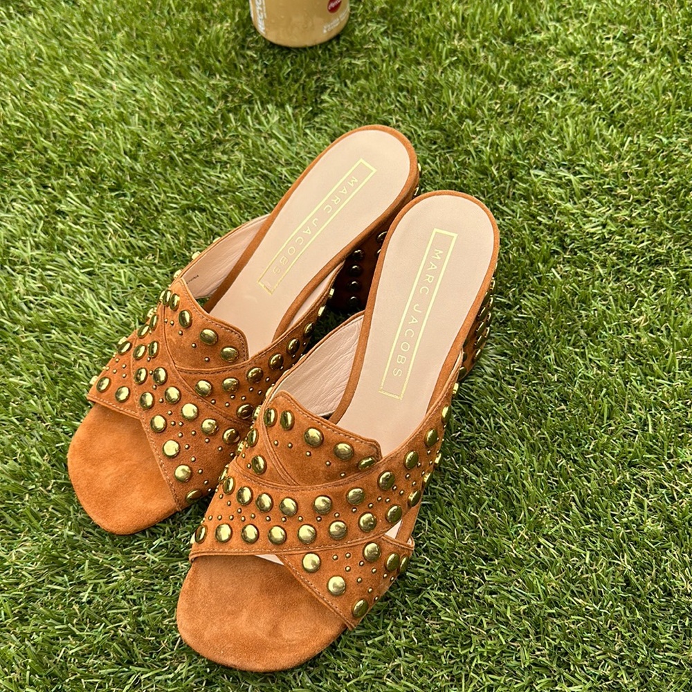 Marc jacobs studded open toe cross sandle wedge